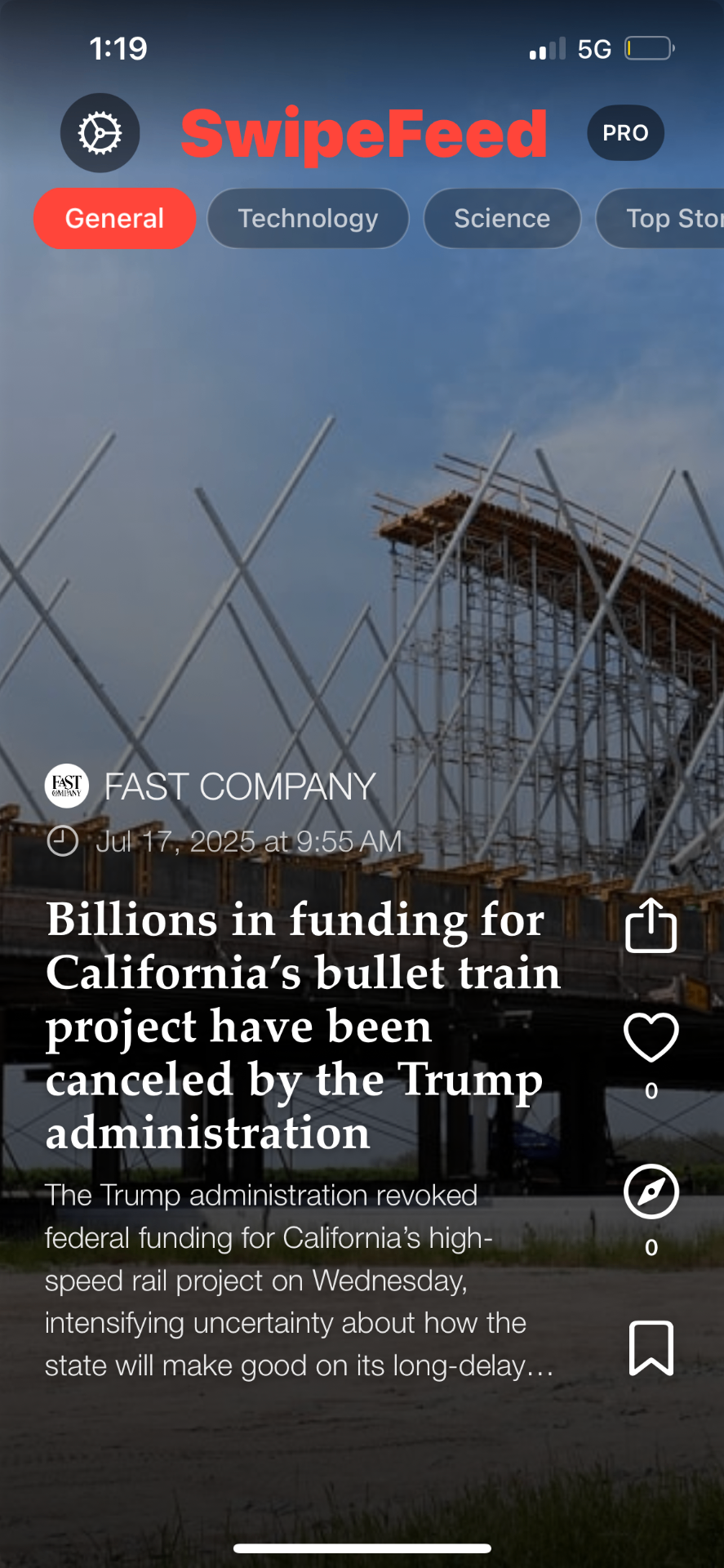 SwipeFeed news feed showing construction article