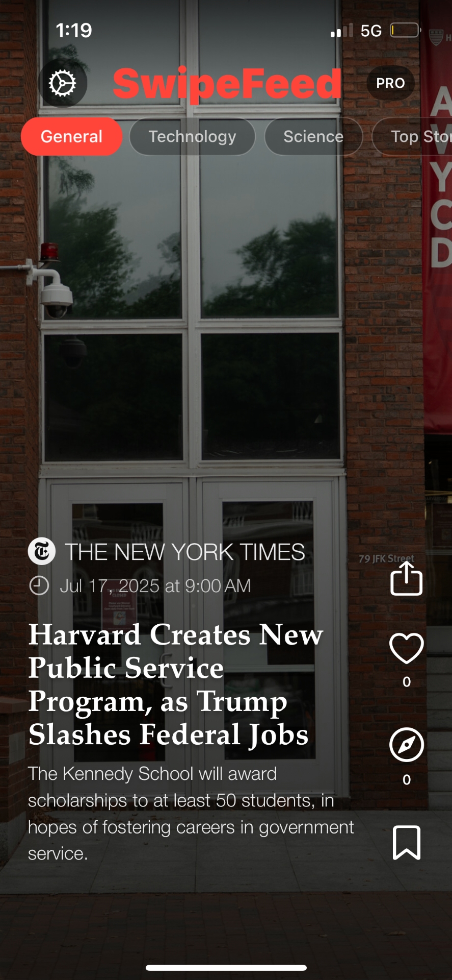 SwipeFeed showing Harvard public service news